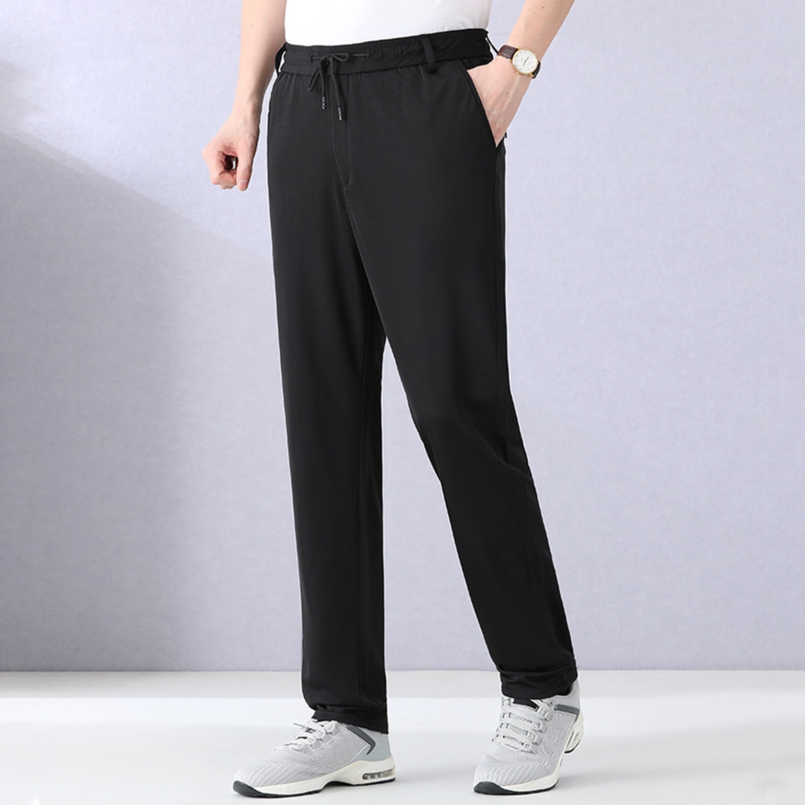 thumbnail image 2 of Pantalones de chándal de seda hielo para hombre - Pantalones deportivos holgados con bolsillos - Tejido de poliéster, cintura elástica, cintura alta, adecuados para el gimnasio y el uso diario, 2 of 4